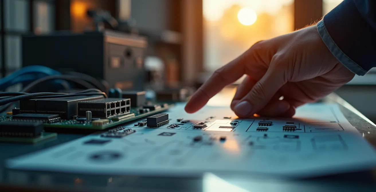 Architecte système travaillant sur l'infrastructure informatique complexe, montrant la densité d'expertise requise pour gérer une équipe IT interne