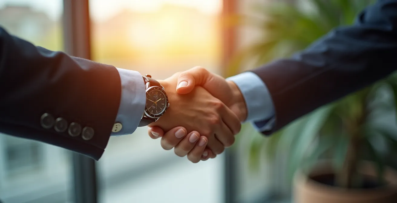 Poignée de main symbolisant le partenariat stratégique entre un DSI externe et un dirigeant de PME, avec symboles de stratégie et d'innovation