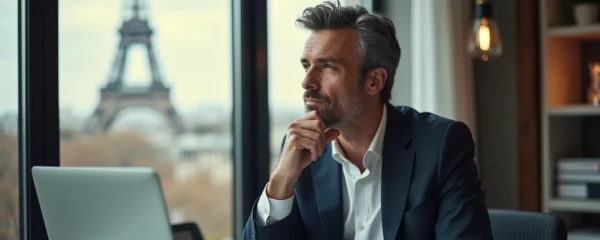 Dirigeant de PME parisienne en réflexion stratégique face à la complexité informatique, transformée en opportunité de croissance