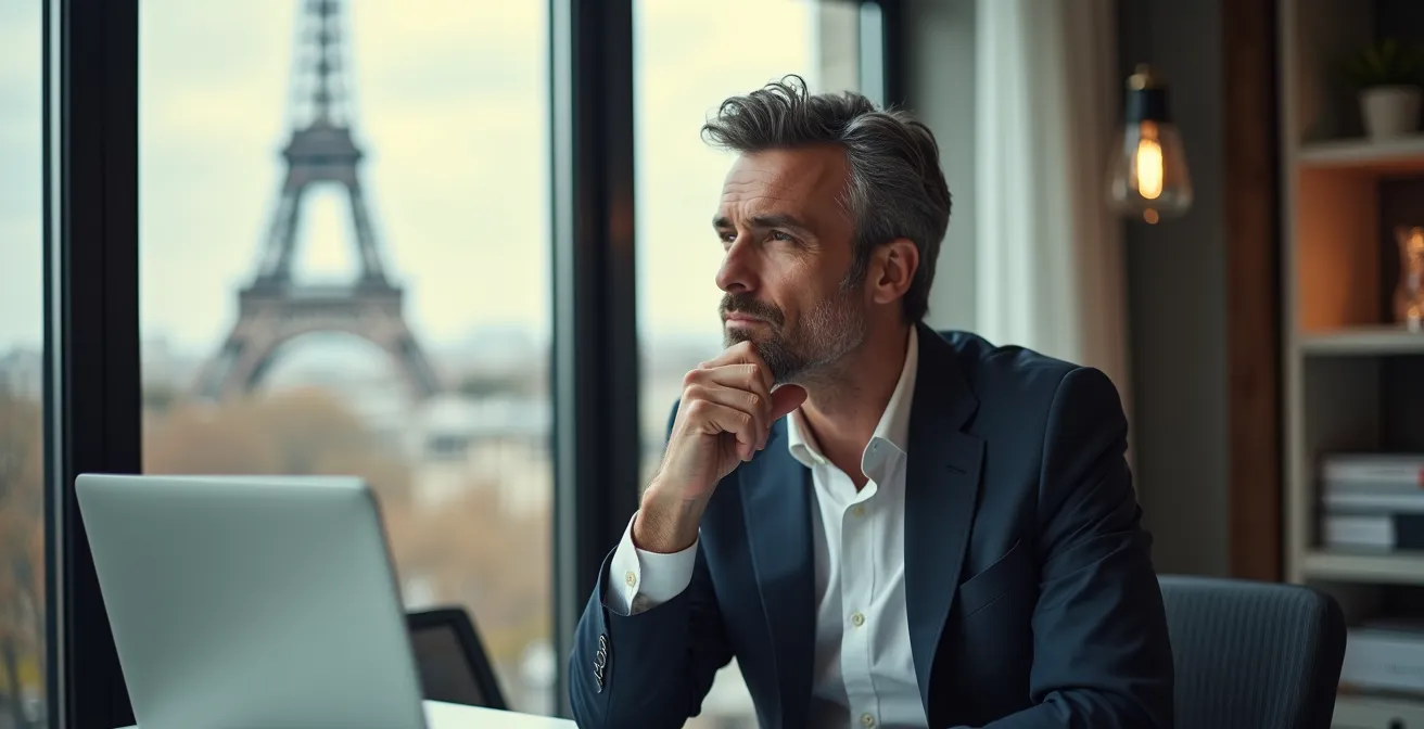 Dirigeant de PME parisienne en réflexion stratégique face à la complexité informatique, transformée en opportunité de croissance