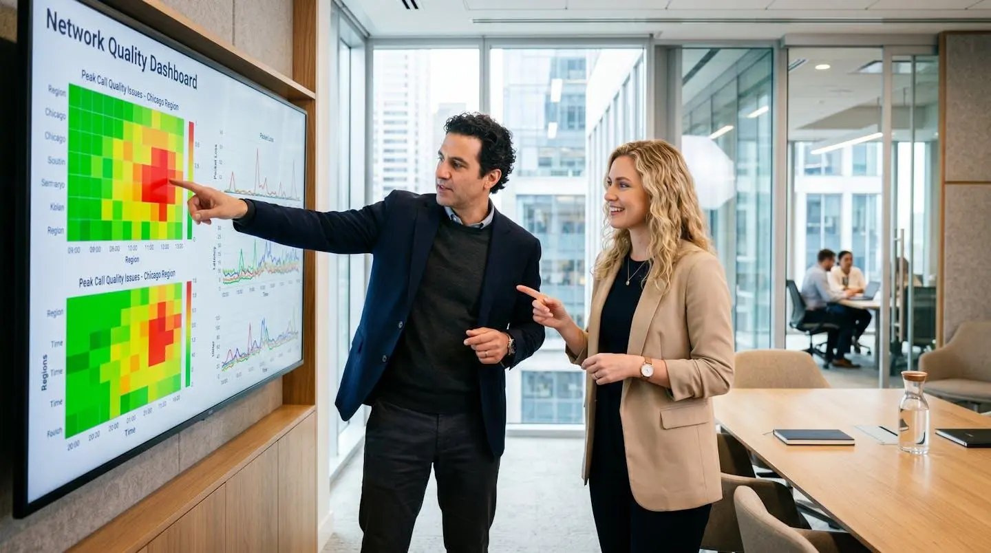 Équipe IT en salle de réunion collaborant sur le diagnostic d'un incident Microsoft Teams, données de qualité d'appel affichées sur grand écran