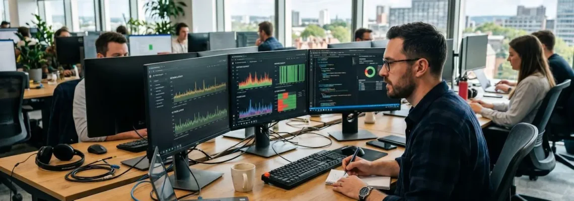 Ingénieur IT analysant des données de qualité d'appels Microsoft Teams sur un écran de monitoring en environnement de travail hybride