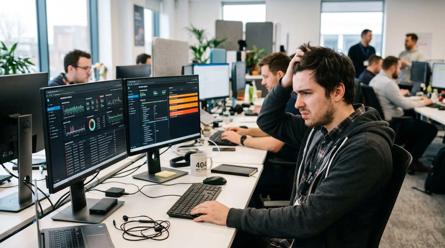Technicien support IT en open space cherchant la cause d'un incident Microsoft Teams sur son poste de travail, écrans montrant des métriques réseau
