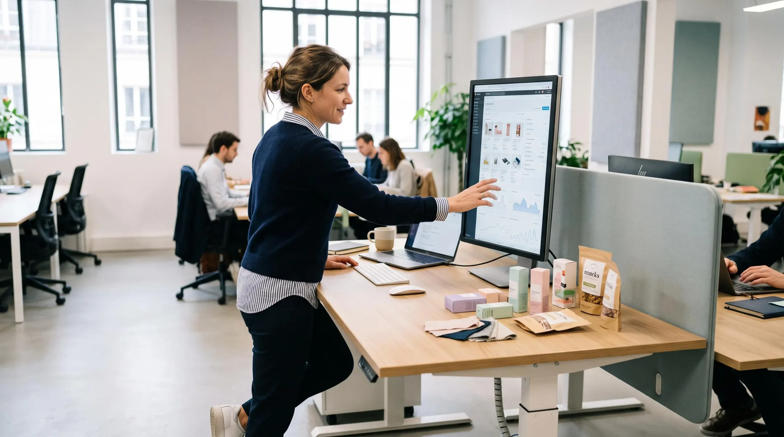 E-commerce manager debout travaillant sur un grand écran vertical avec échantillons produits à proximité dans un bureau moderne