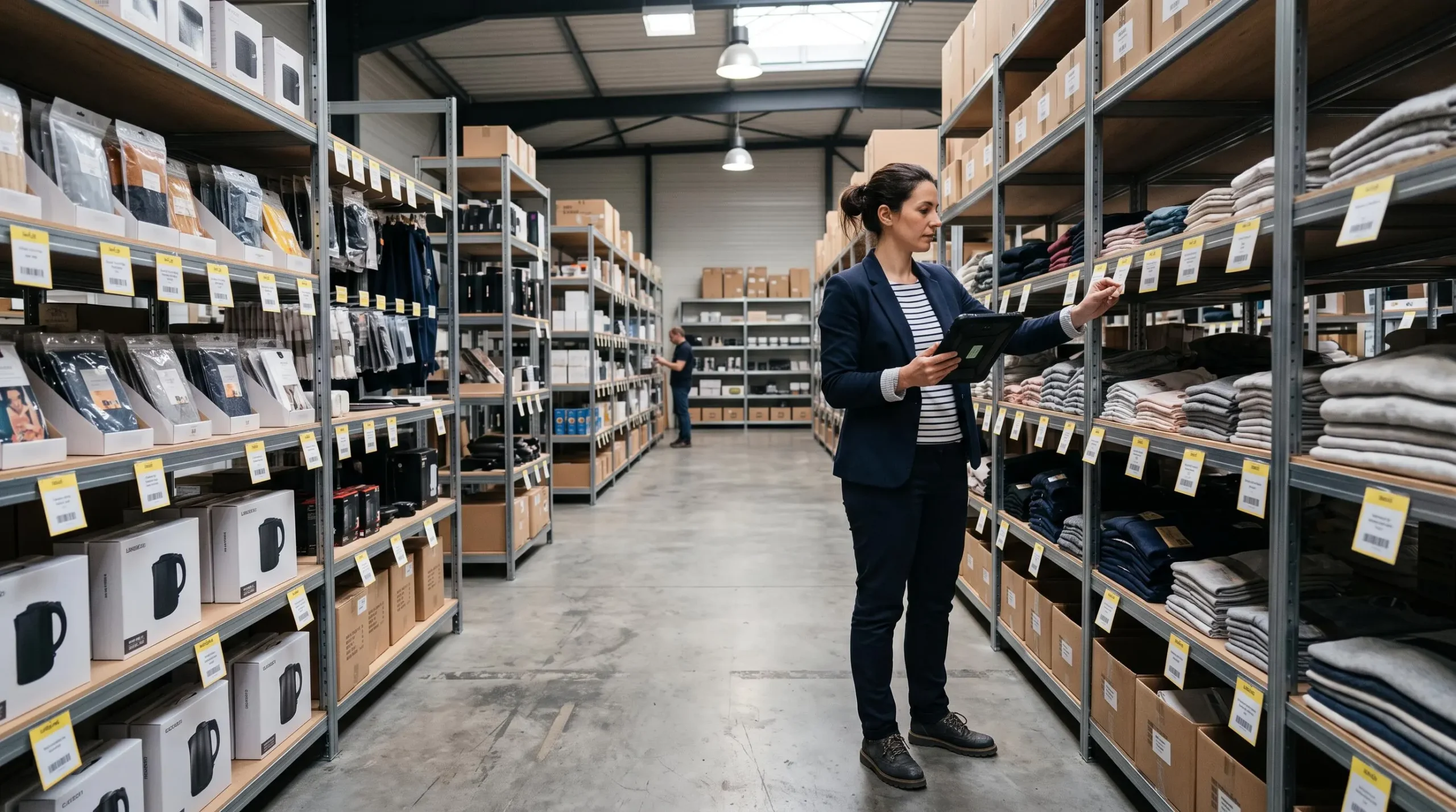 Gestionnaire d'inventaire utilisant une tablette pour scanner des produits dans un showroom organisé avec étagères systématiques