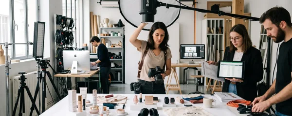 Équipe préparant une session de photographie produit professionnelle dans un studio moderne
