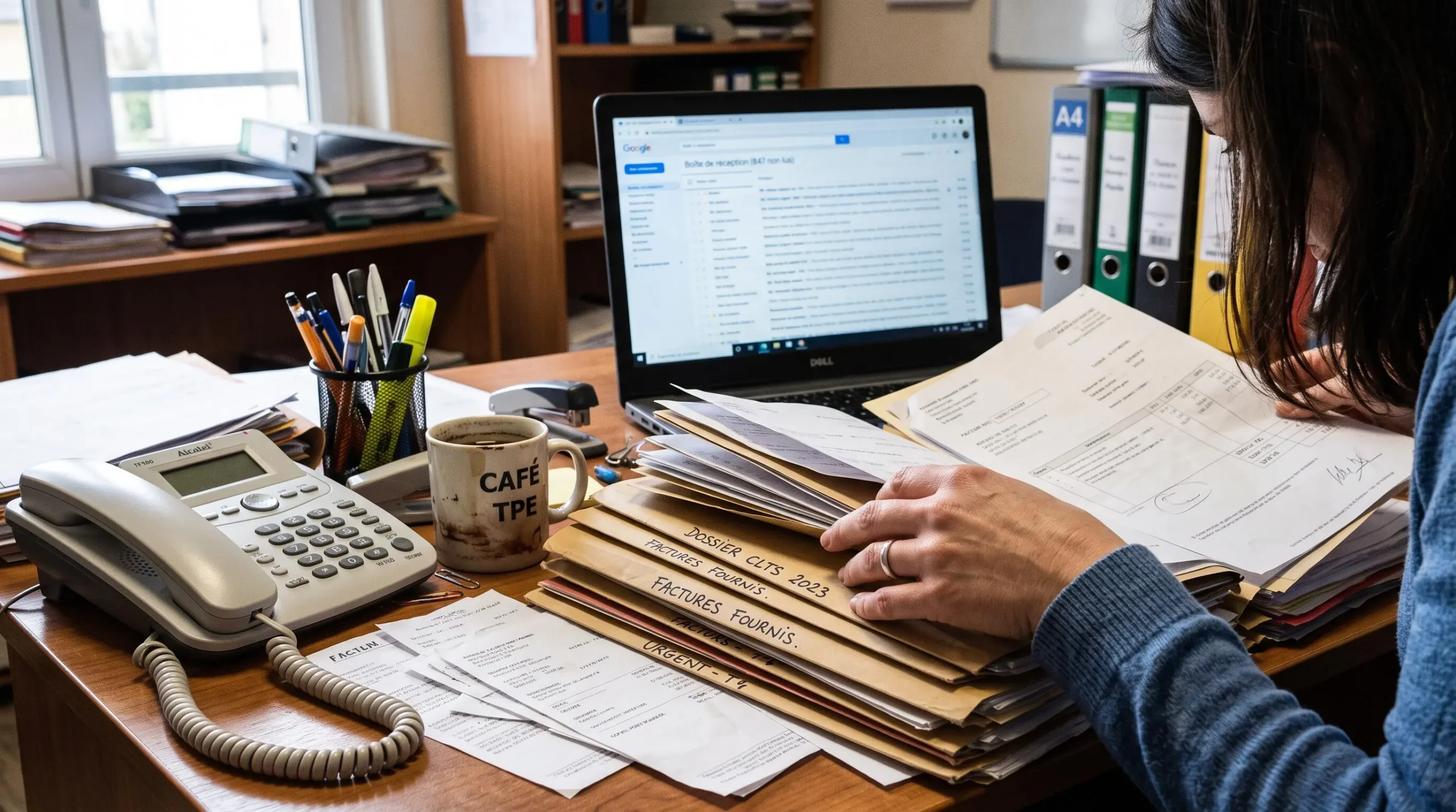 Bureau encombré de dossiers papiers avec une boîte mail saturée visible sur un ordinateur portable en arrière-plan.