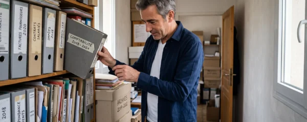 Un dirigeant d'entreprise cherchant un classeur dans une étagère d'archives surchargée dans un local de bureaux.