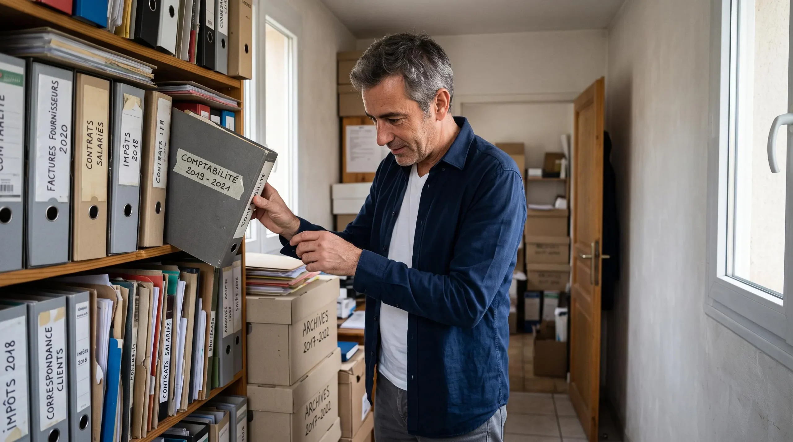 Un dirigeant d'entreprise cherchant un classeur dans une étagère d'archives surchargée dans un local de bureaux.