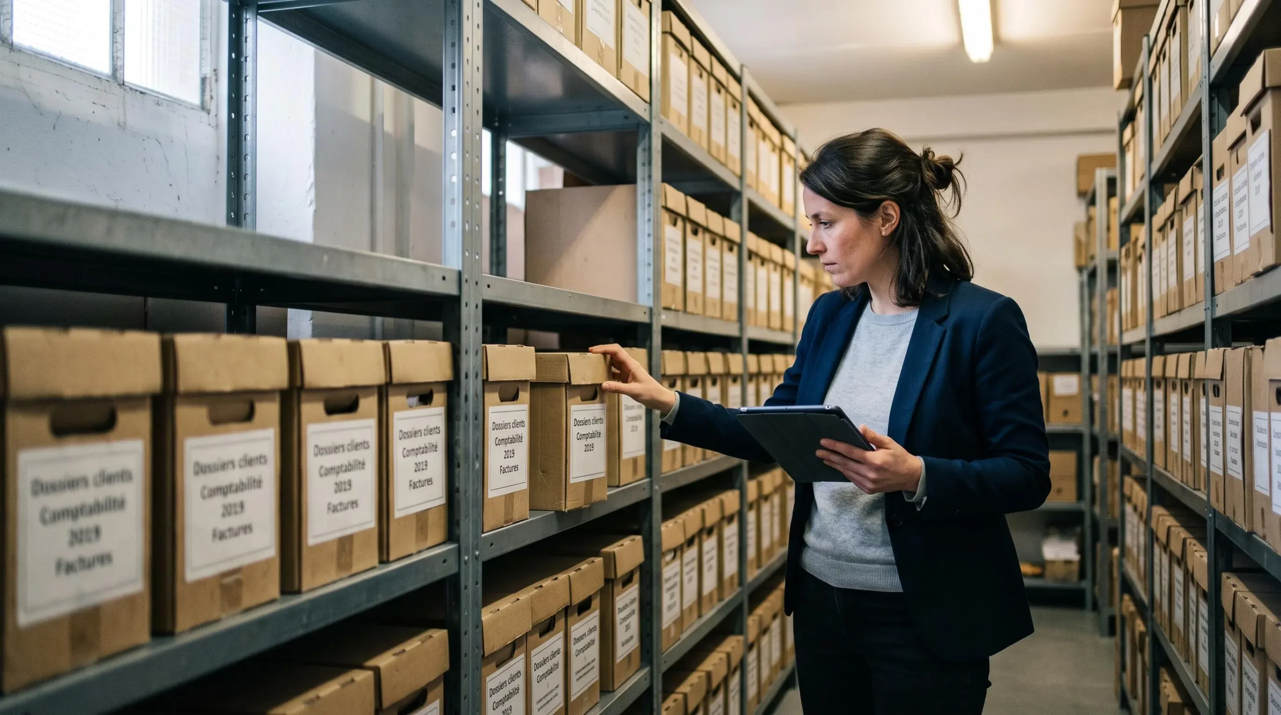 Une employée vérifiant une boîte d'archives sur une étagère métallique dans un local de stockage d'entreprise.