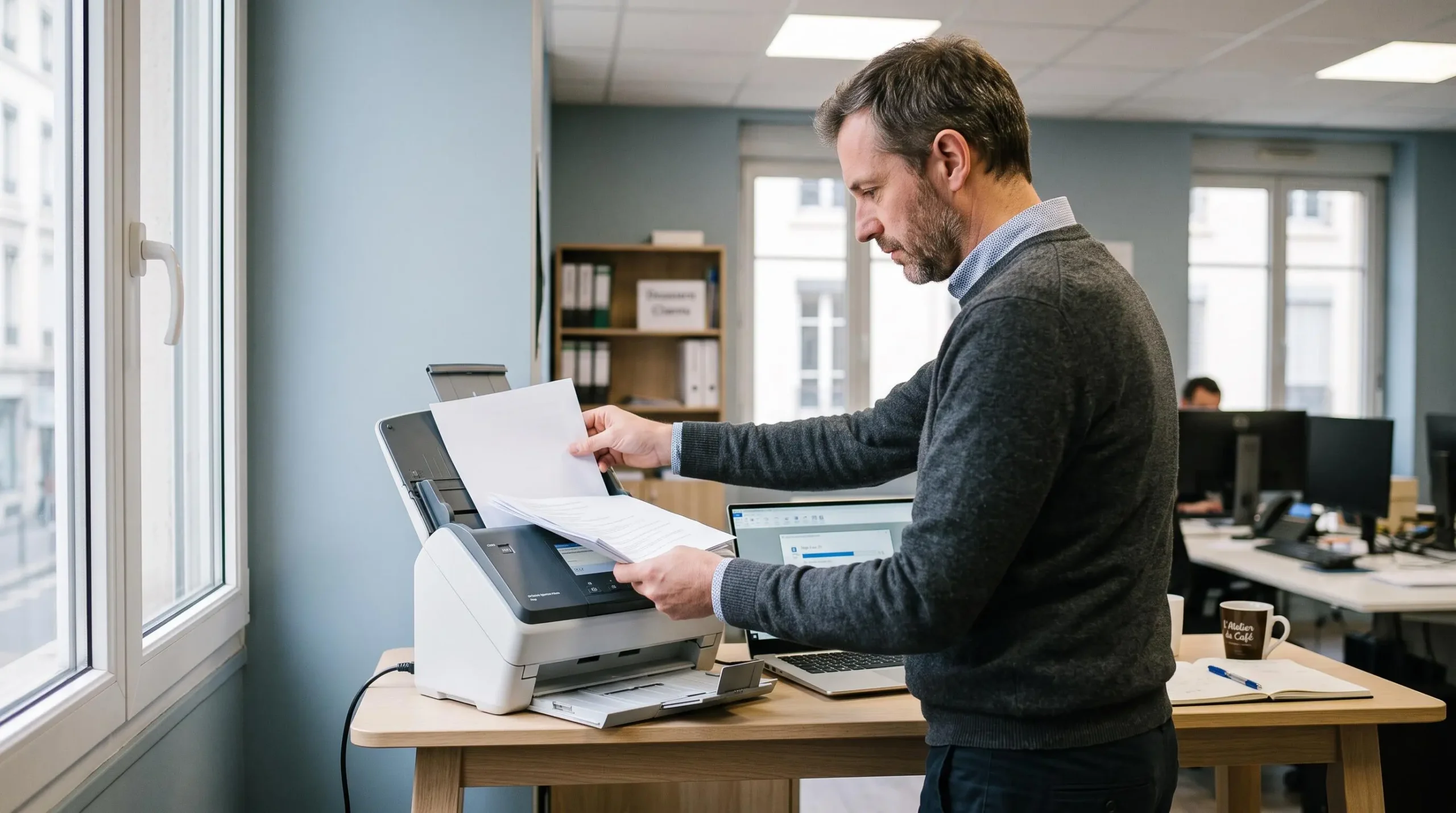 Un salarié numérisant un document avec un scanner professionnel posé sur une table dans un bureau.